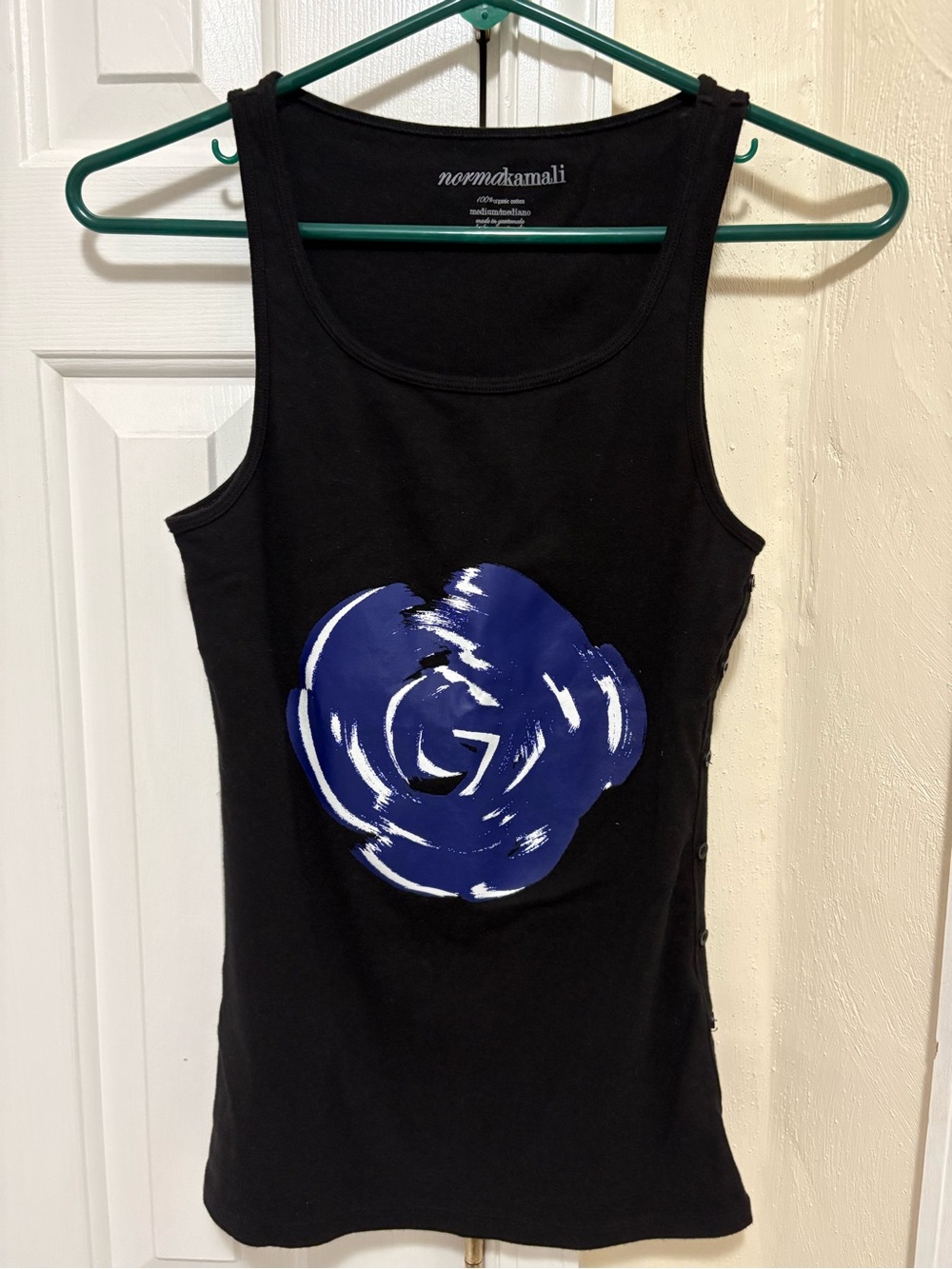 Norma Kamali Black Tank with Blue Rose Graphic